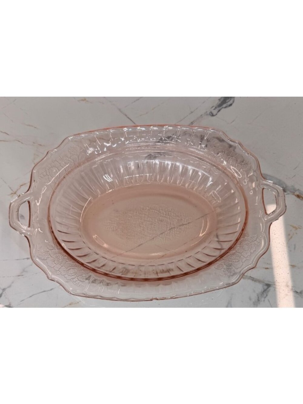 Vintage Anchor Hocking Mayfair Open Rose pink depression glass oval handled serv